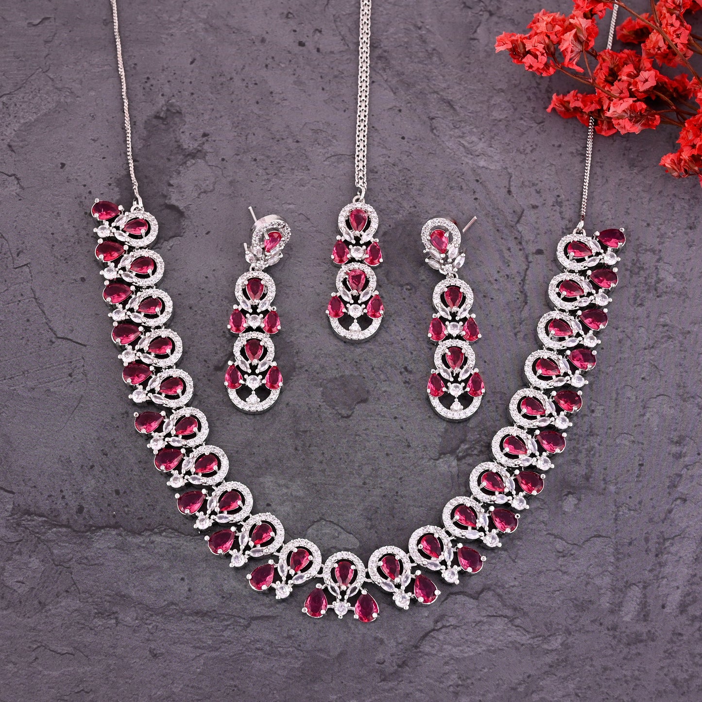 CKLAKART's NOOR Silver-Toned Ruby Color Stones Necklace Set with Maang Tika and American Diamond Accents