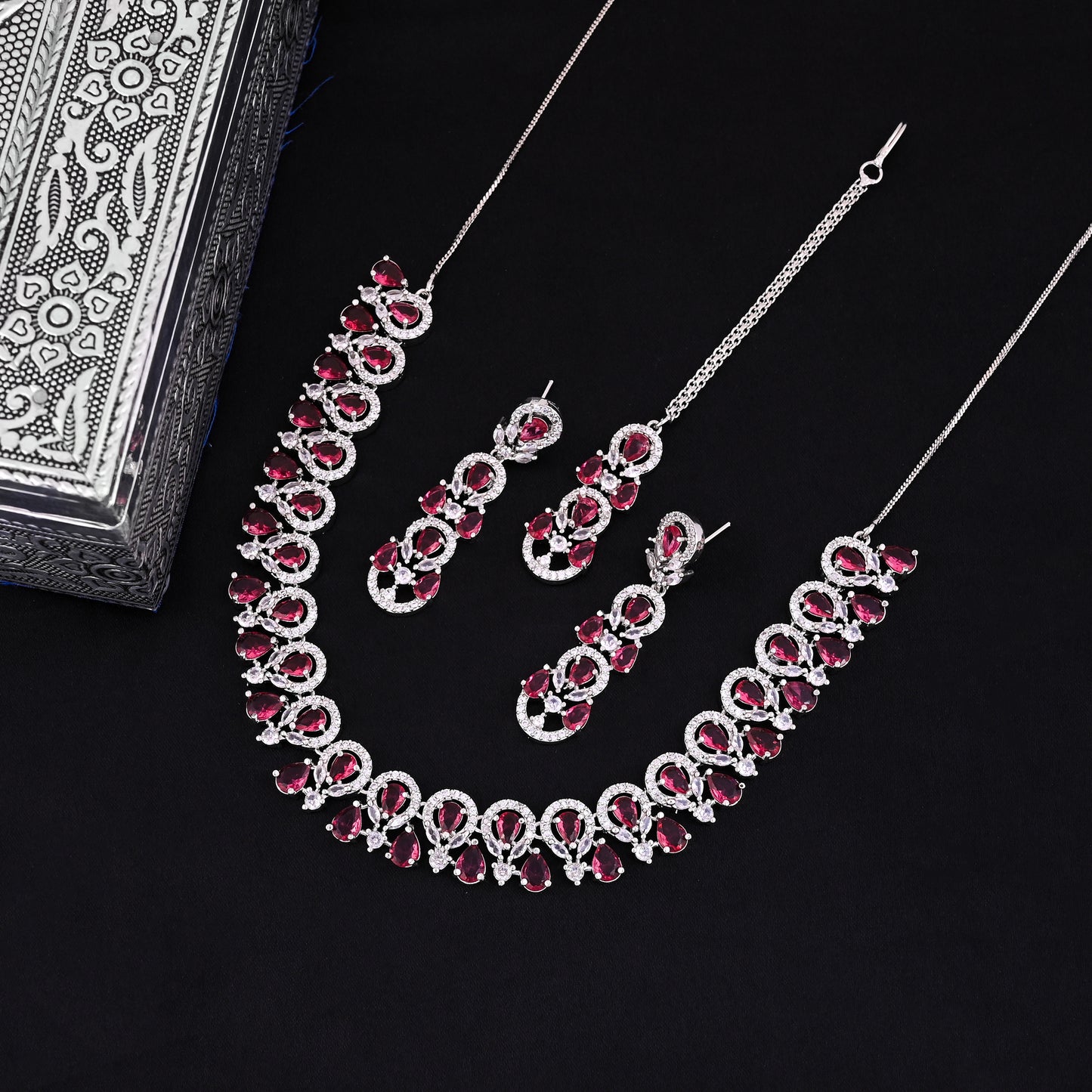 CKLAKART's NOOR Silver-Toned Ruby Color Stones Necklace Set with Maang Tika and American Diamond Accents