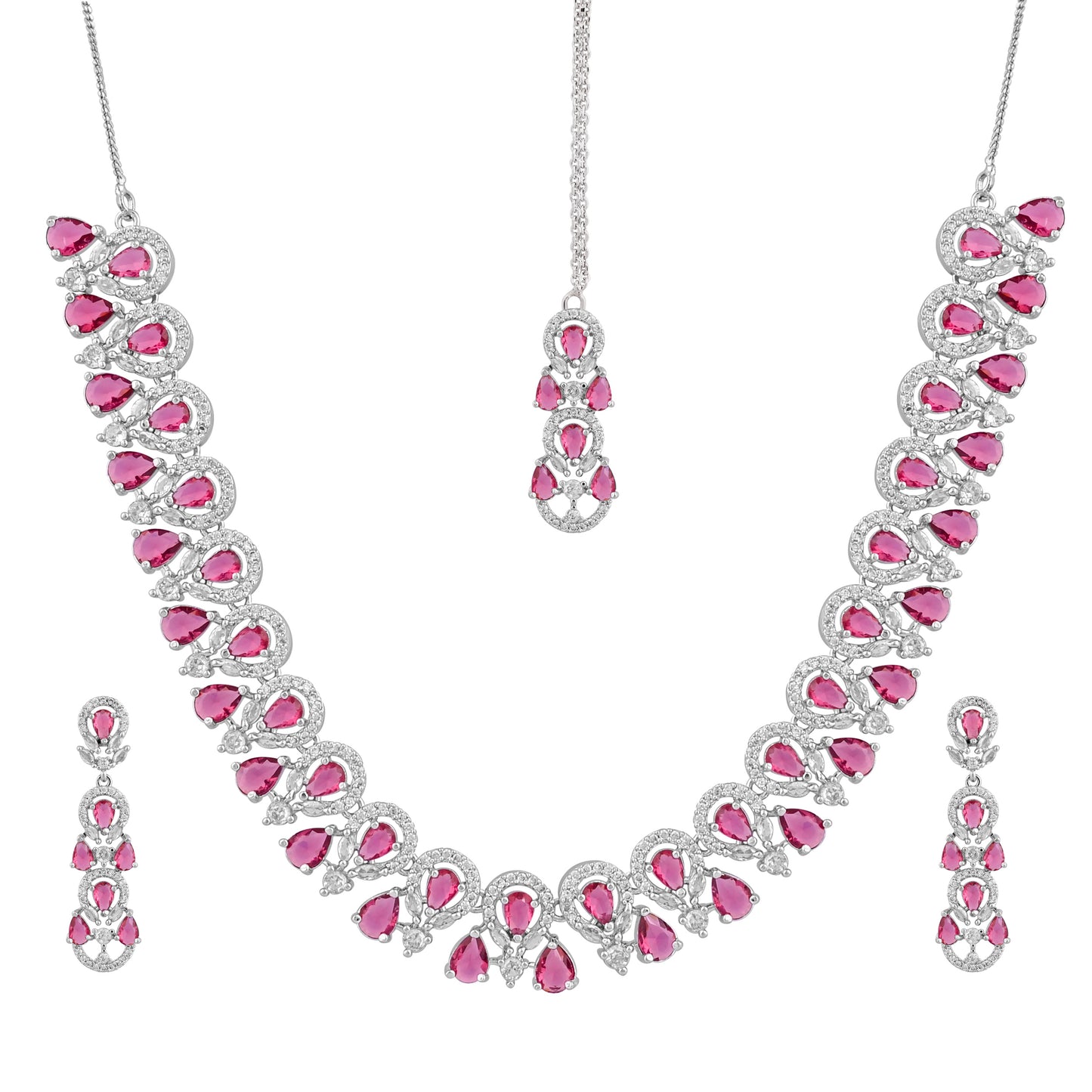 CKLAKART's NOOR Silver-Toned Ruby Color Stones Necklace Set with Maang Tika and American Diamond Accents