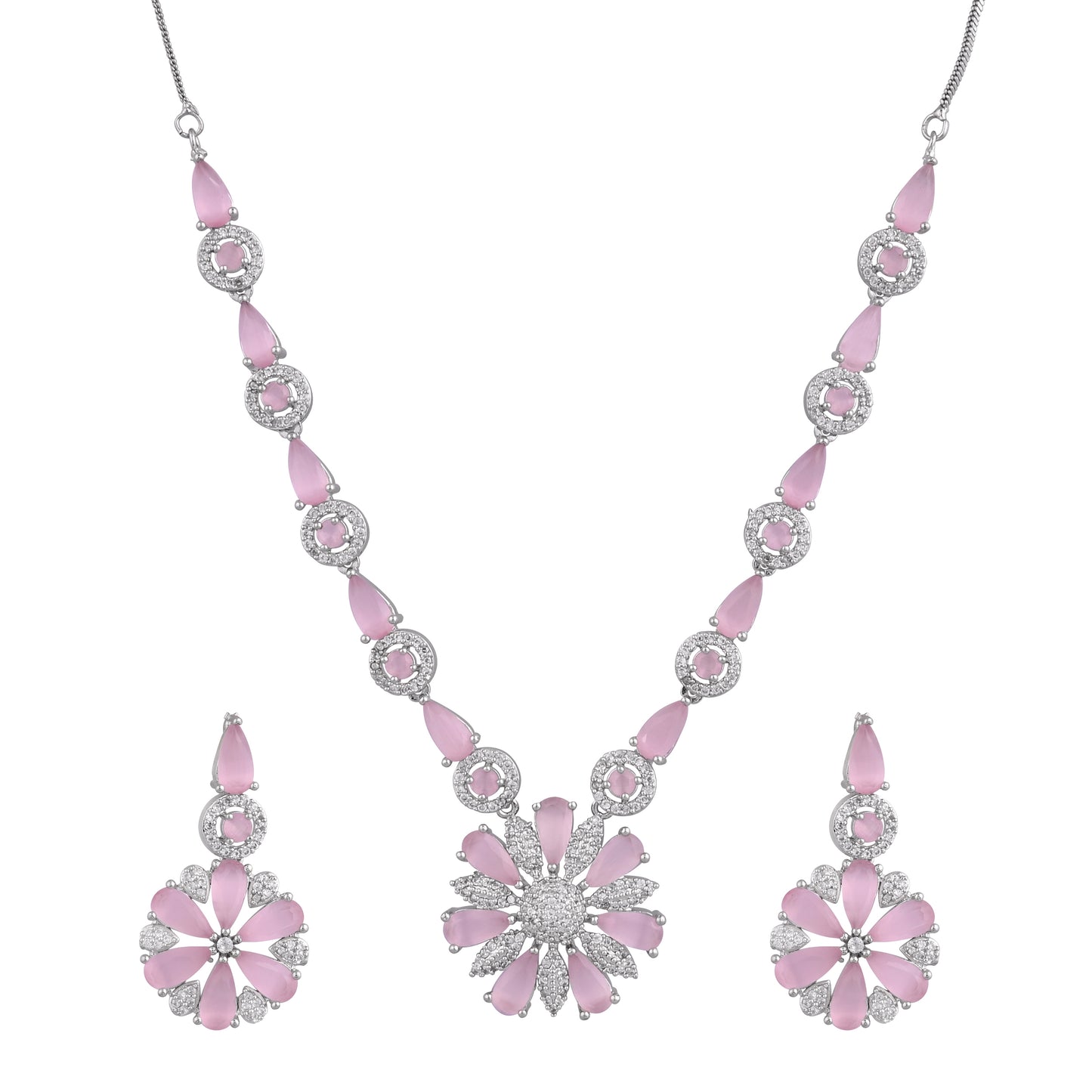 CKLAKART's NOOR Blooming Flower Necklace Set – Silver-Toned with Pink Color Stones and American Diamonds