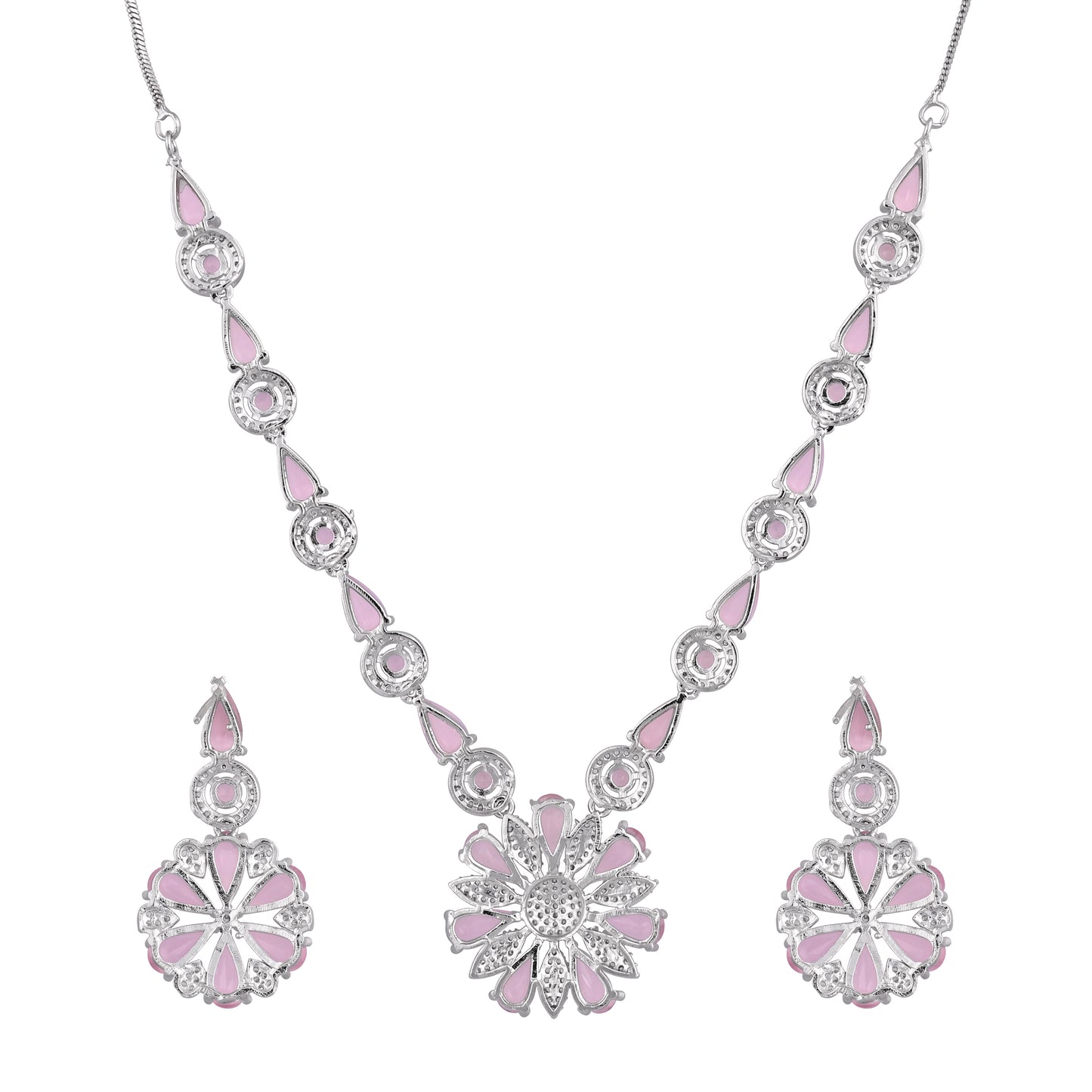 CKLAKART's NOOR Blooming Flower Necklace Set – Silver-Toned with Pink Color Stones and American Diamonds