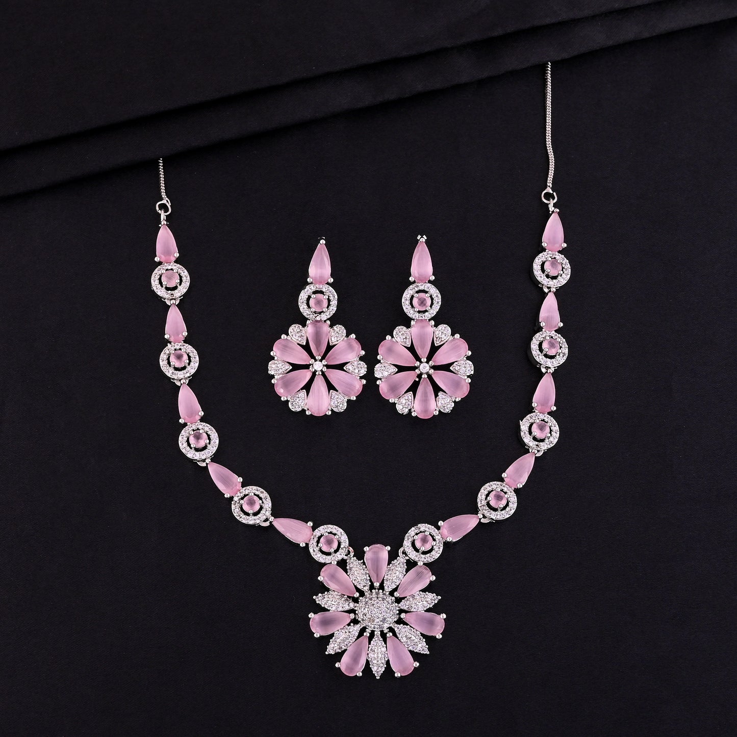 CKLAKART's NOOR Blooming Flower Necklace Set – Silver-Toned with Pink Color Stones and American Diamonds