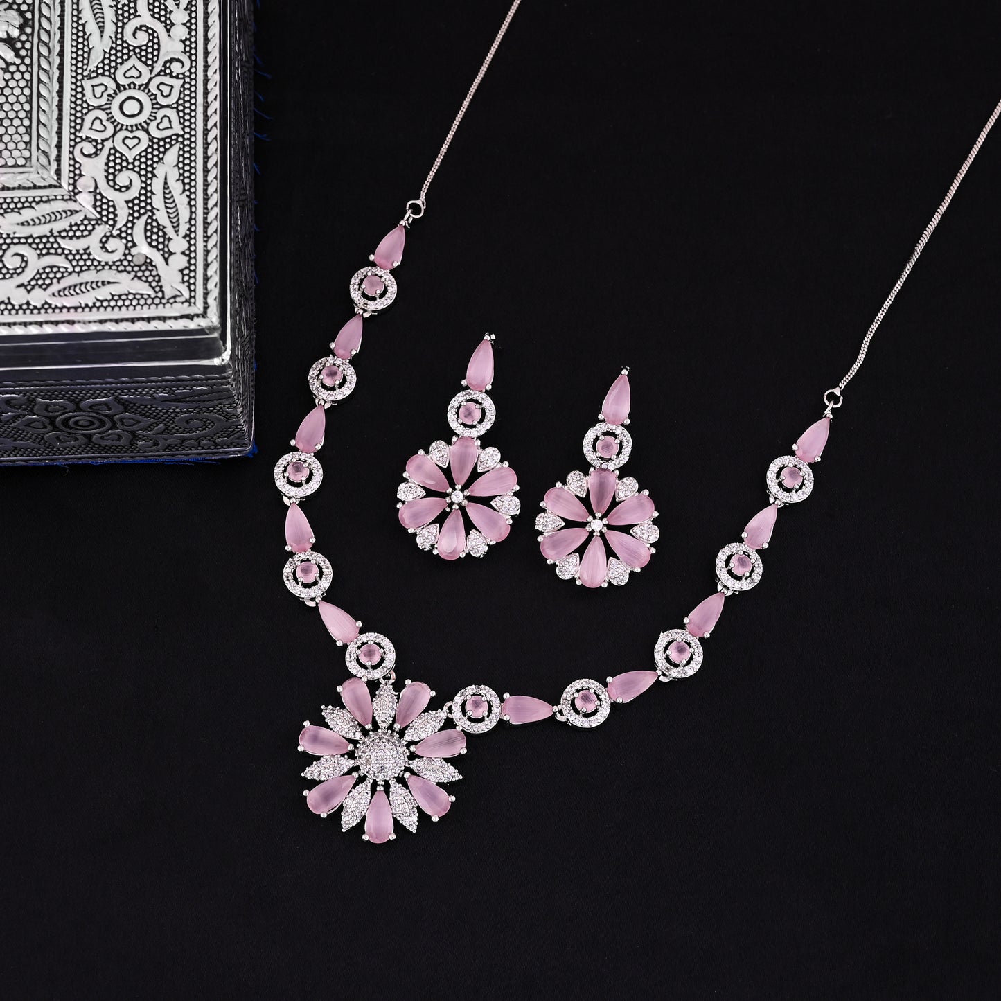 CKLAKART's NOOR Blooming Flower Necklace Set – Silver-Toned with Pink Color Stones and American Diamonds