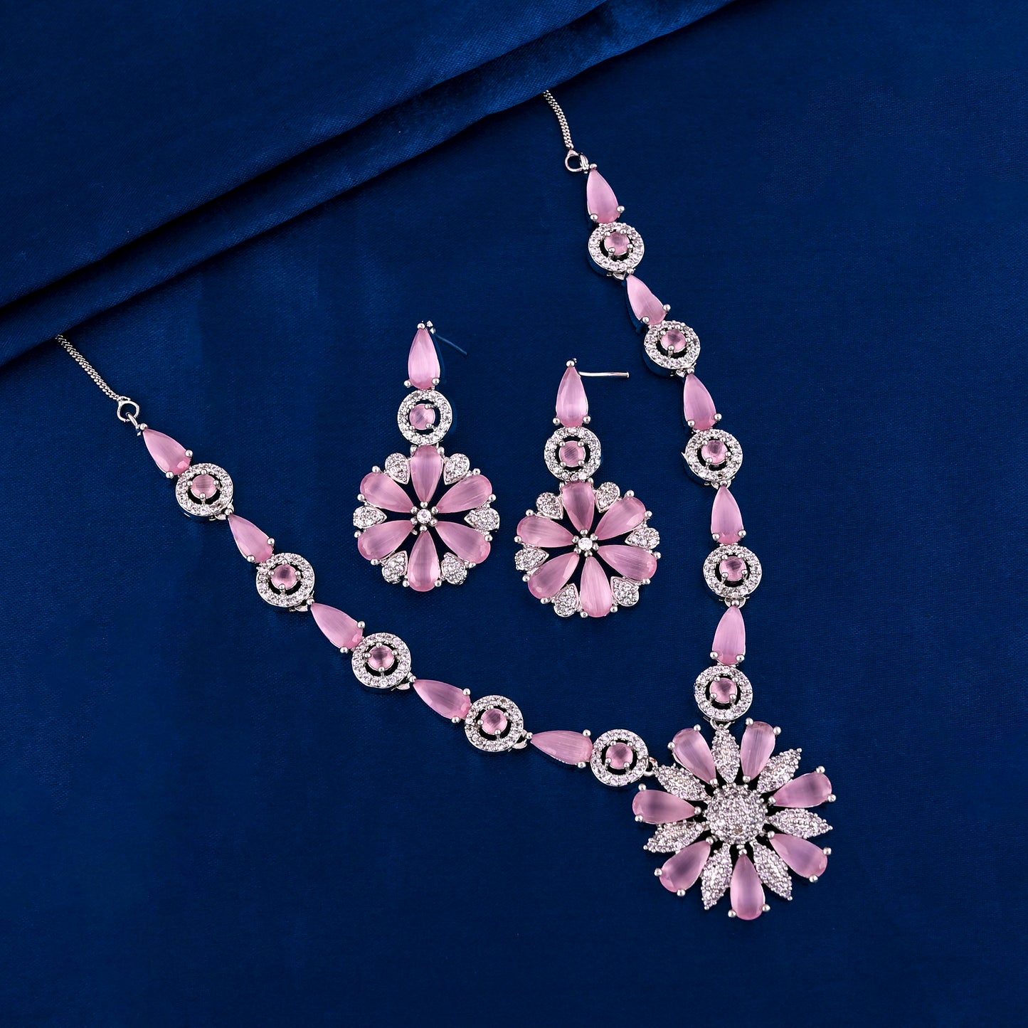 CKLAKART's NOOR Blooming Flower Necklace Set – Silver-Toned with Pink Color Stones and American Diamonds