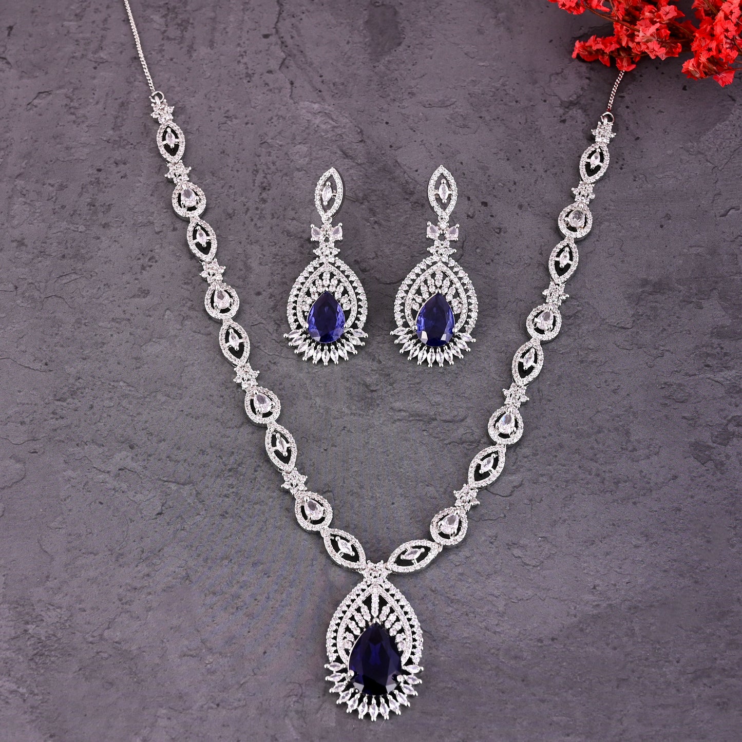 CKLAKART's NOOR Silver Necklace Set Adorned with Sapphire Blue Stones and American Diamonds