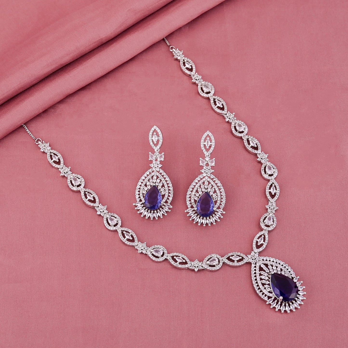 CKLAKART's NOOR Silver Necklace Set Adorned with Sapphire Blue Stones and American Diamonds