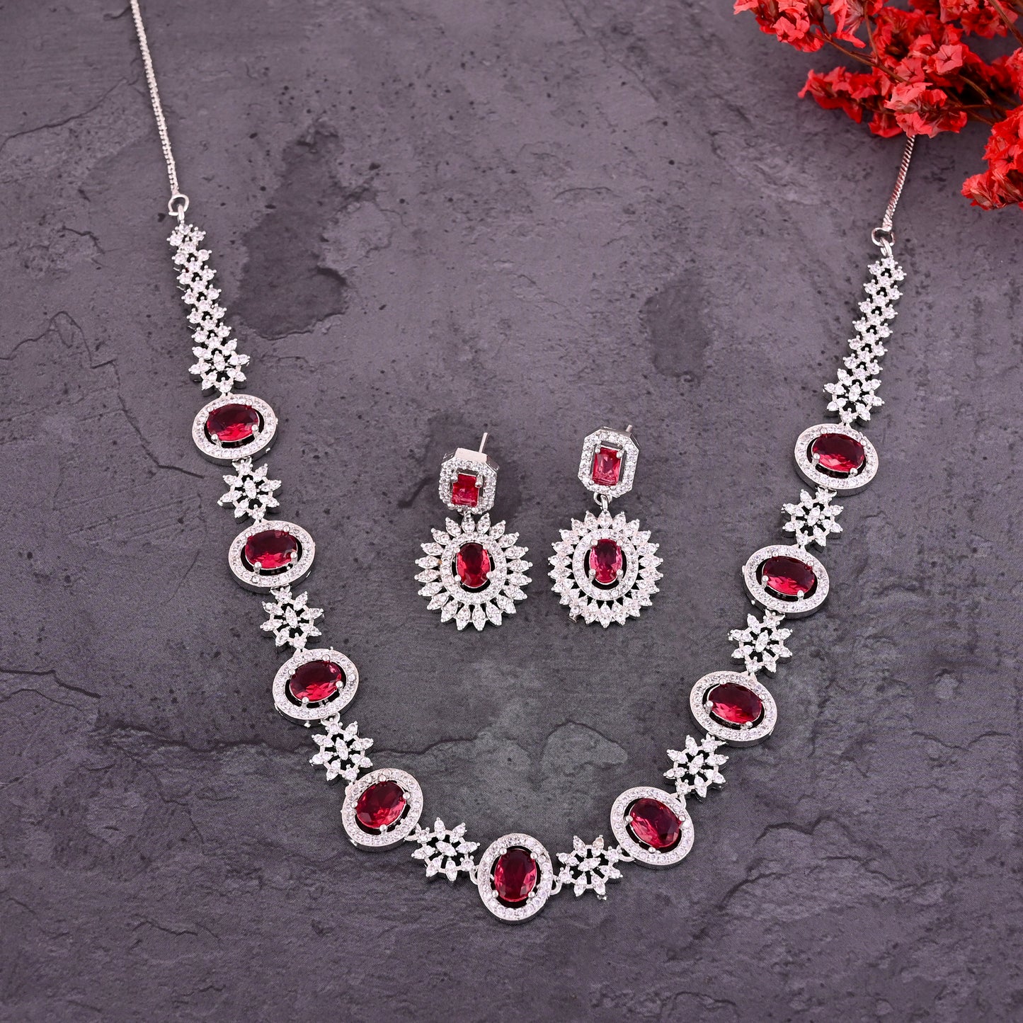 CKLAKART's NOOR Silver-Toned Necklace Set Adorned with Ruby Color Stones and American Diamonds