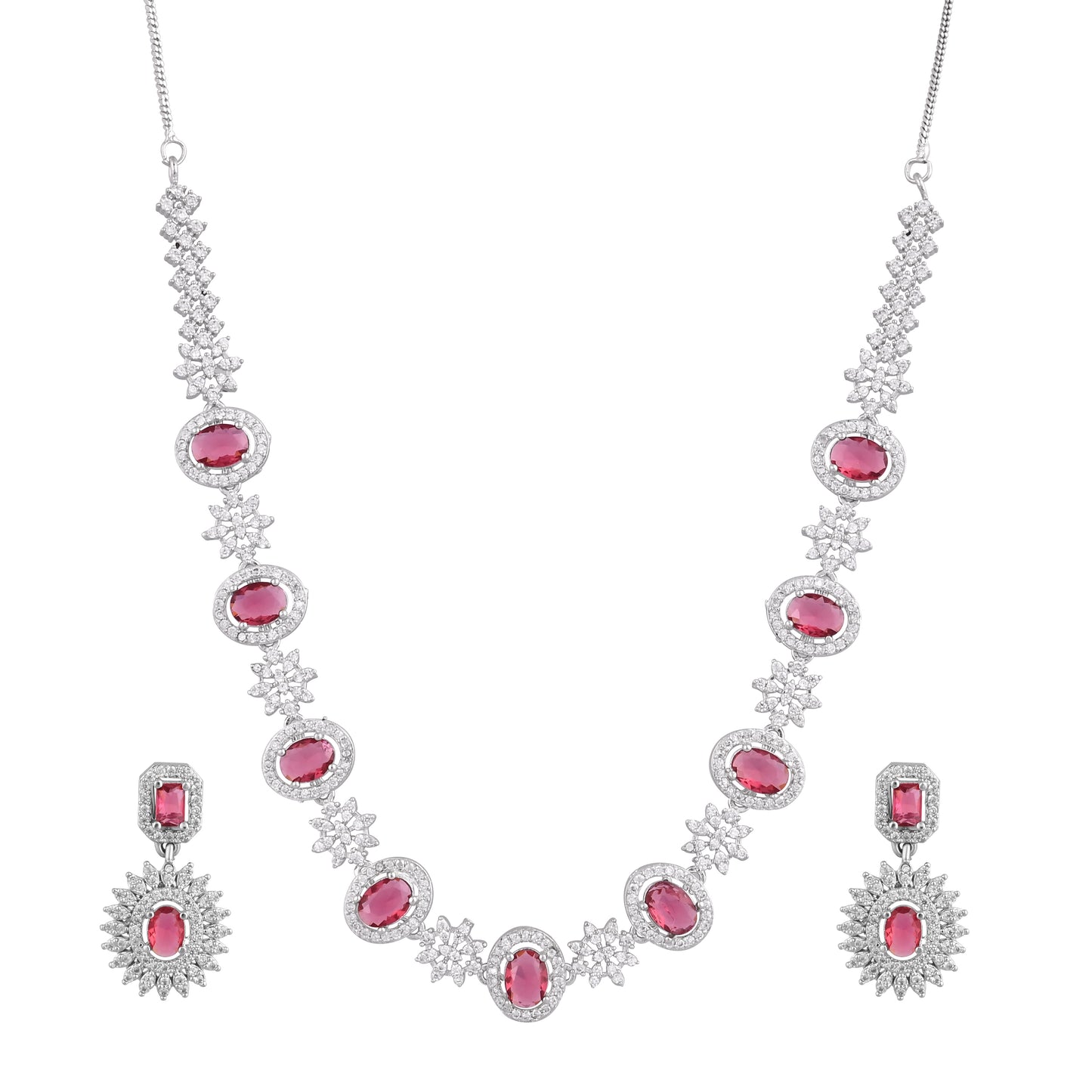 CKLAKART's NOOR Silver-Toned Necklace Set Adorned with Ruby Color Stones and American Diamonds