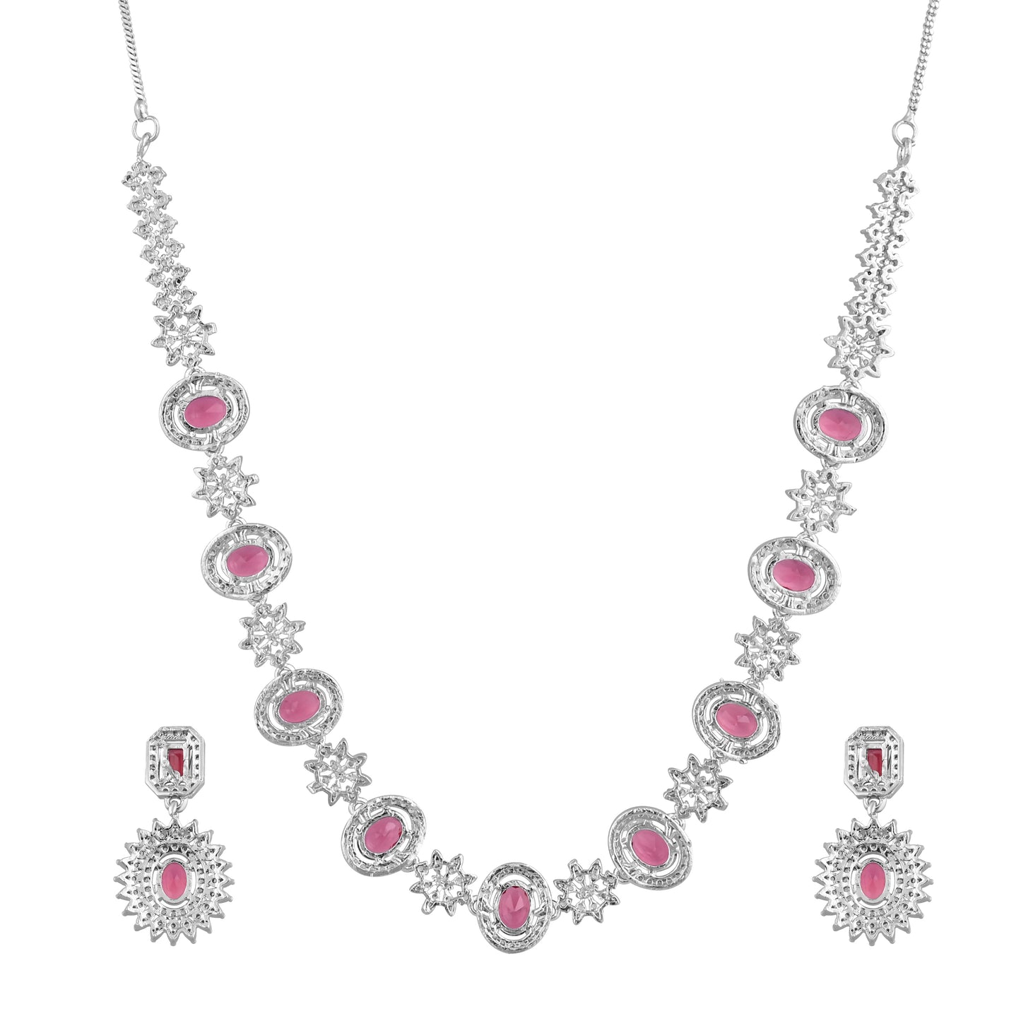 CKLAKART's NOOR Silver-Toned Necklace Set Adorned with Ruby Color Stones and American Diamonds