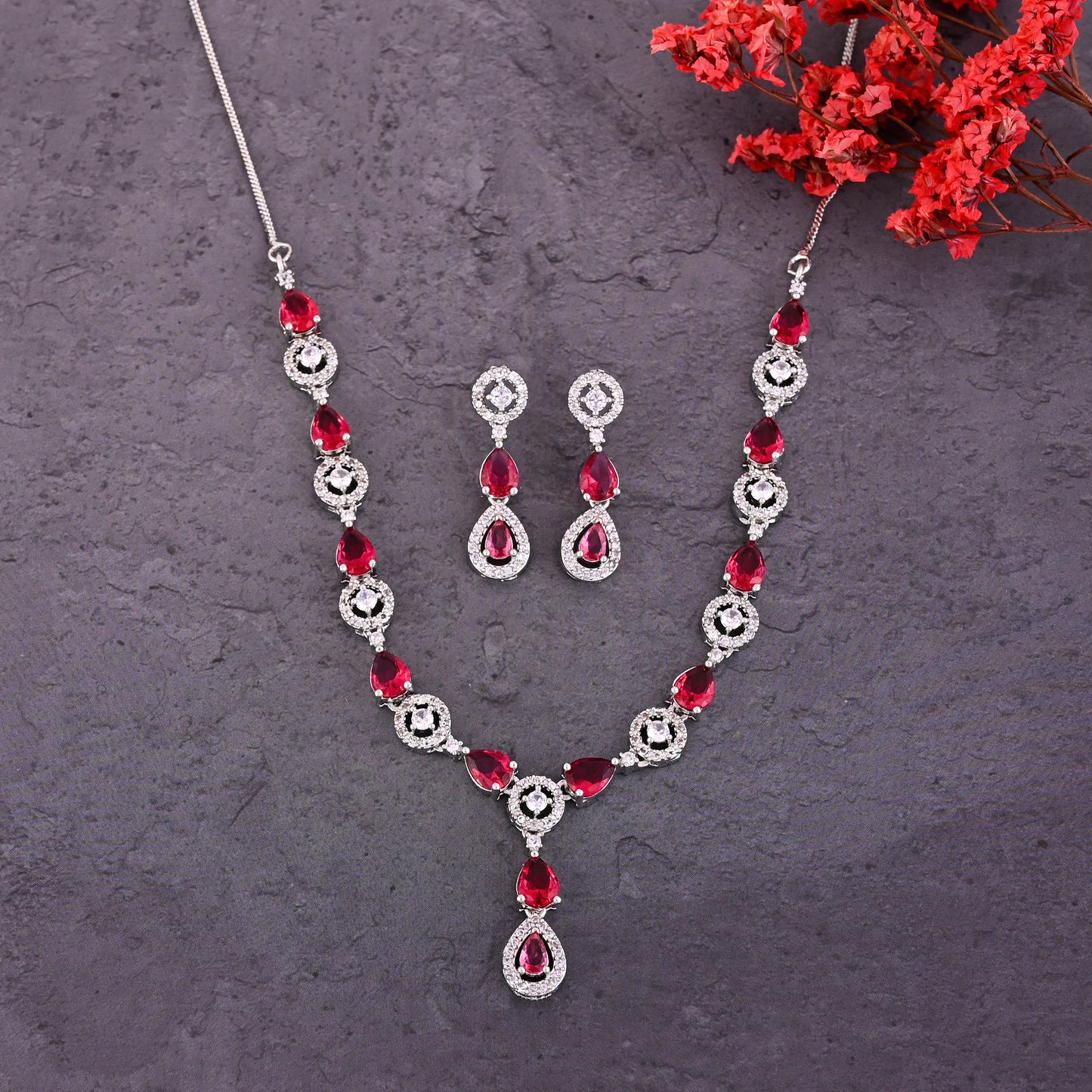 CKLAKART's NOOR Silver Necklace Set with Ruby Color Droplet Stones and Sparkling American Diamonds