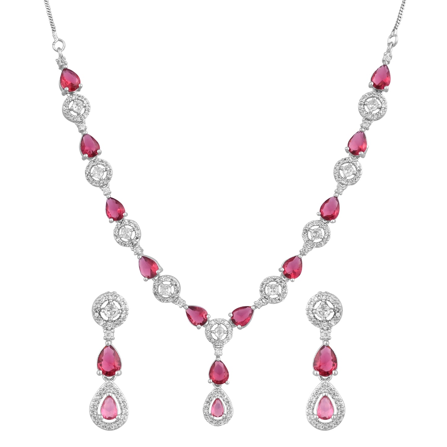 CKLAKART's NOOR Silver Necklace Set with Ruby Color Droplet Stones and Sparkling American Diamonds