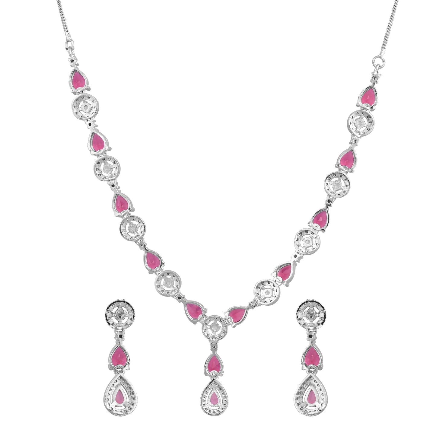 CKLAKART's NOOR Silver Necklace Set with Ruby Color Droplet Stones and Sparkling American Diamonds