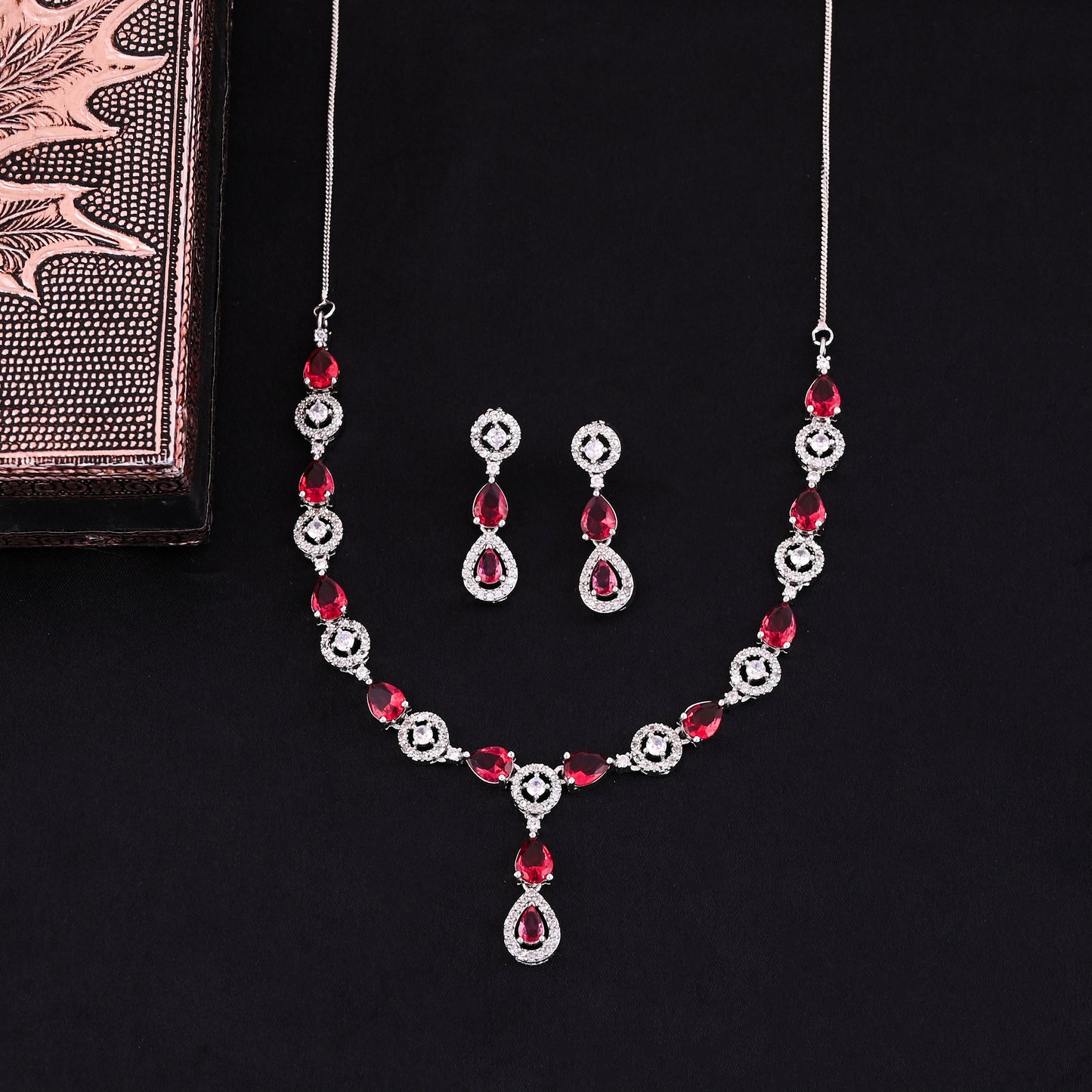 CKLAKART's NOOR Silver Necklace Set with Ruby Color Droplet Stones and Sparkling American Diamonds