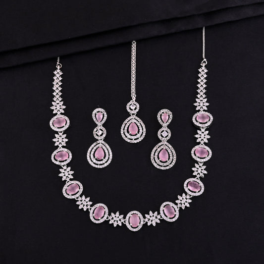 CKLAKART's NOOR Elegant Silver Necklace Set with maang tika Featuring Pink Color Stones, and American Diamonds