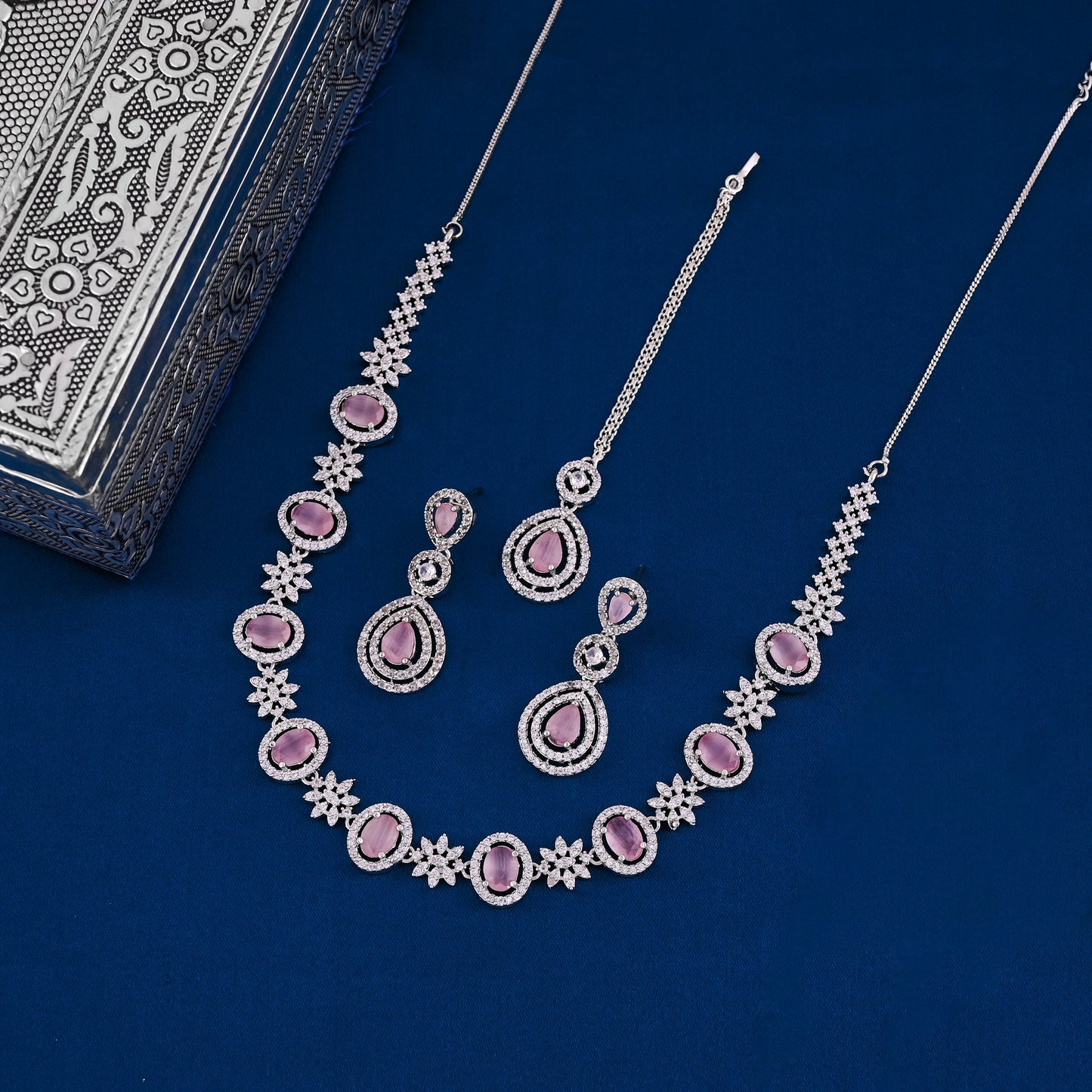 CKLAKART's NOOR Elegant Silver Necklace Set with maang tika Featuring Pink Color Stones, and American Diamonds