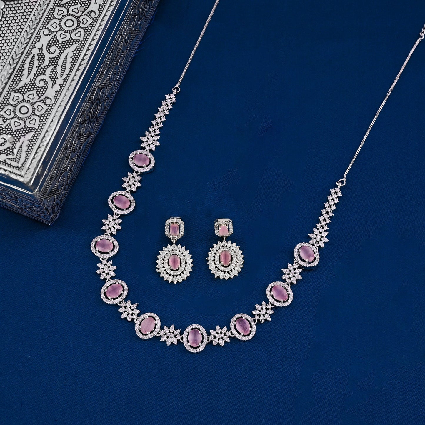 CKLAKART's NOOR Elegant Silver Necklace Set Featuring Pink Color Stones, and American Diamonds