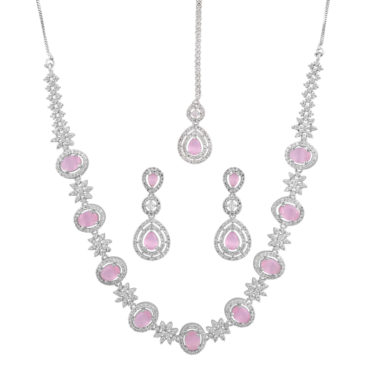 CKLAKART's NOOR Elegant Silver Necklace Set with maang tika Featuring Pink Color Stones, and American Diamonds