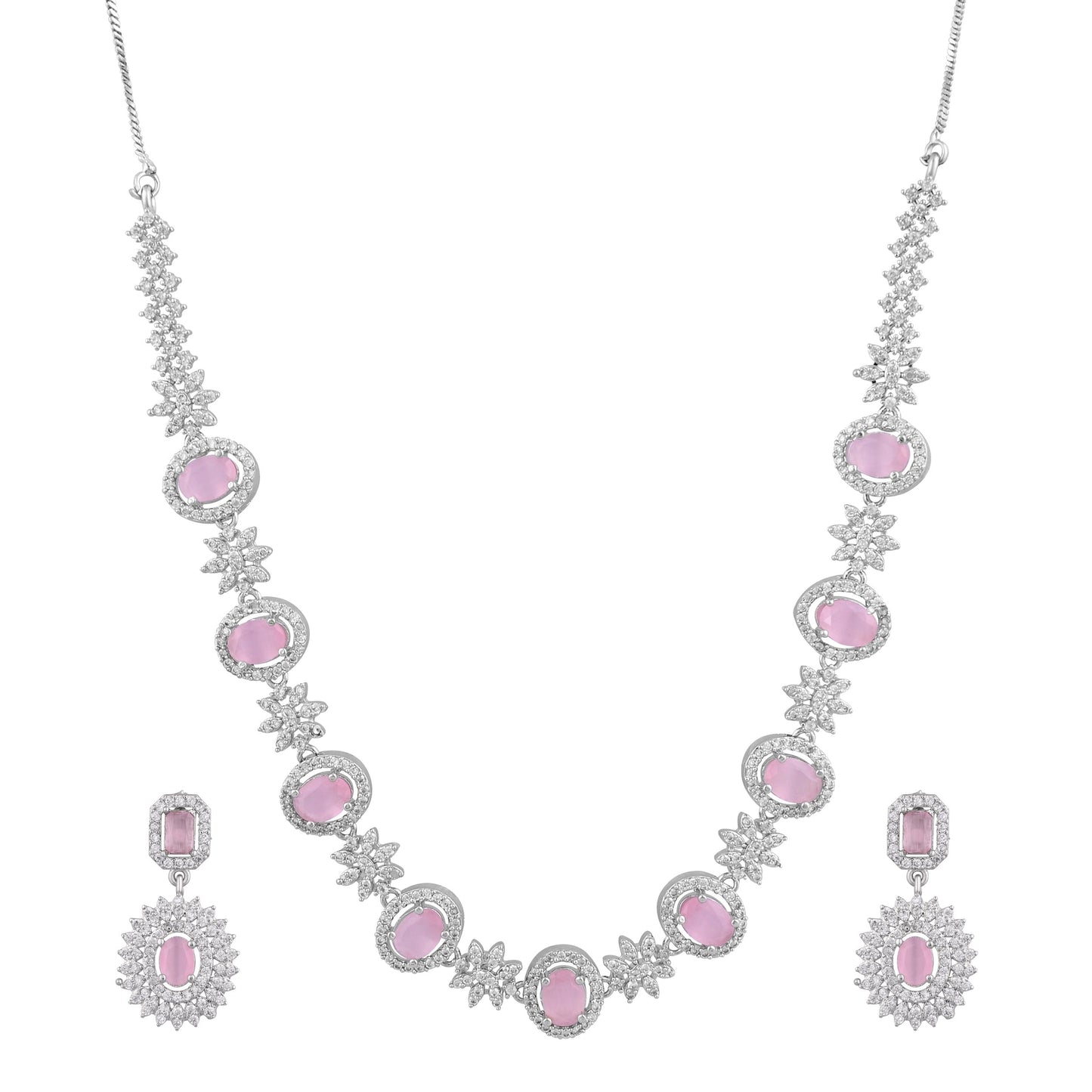 CKLAKART's NOOR Elegant Silver Necklace Set Featuring Pink Color Stones, and American Diamonds