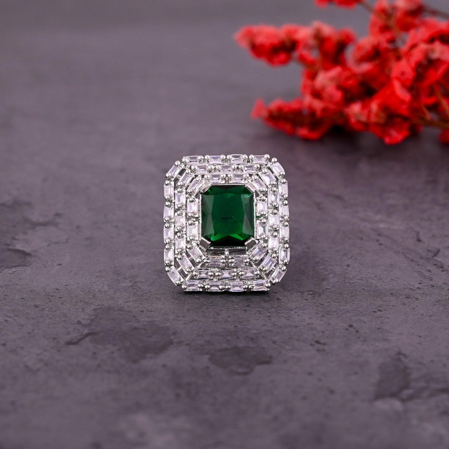 CKLAKART's NOOR Elegant Silver Ring Featuring Emerald Green Rectangular Stone and American Diamonds