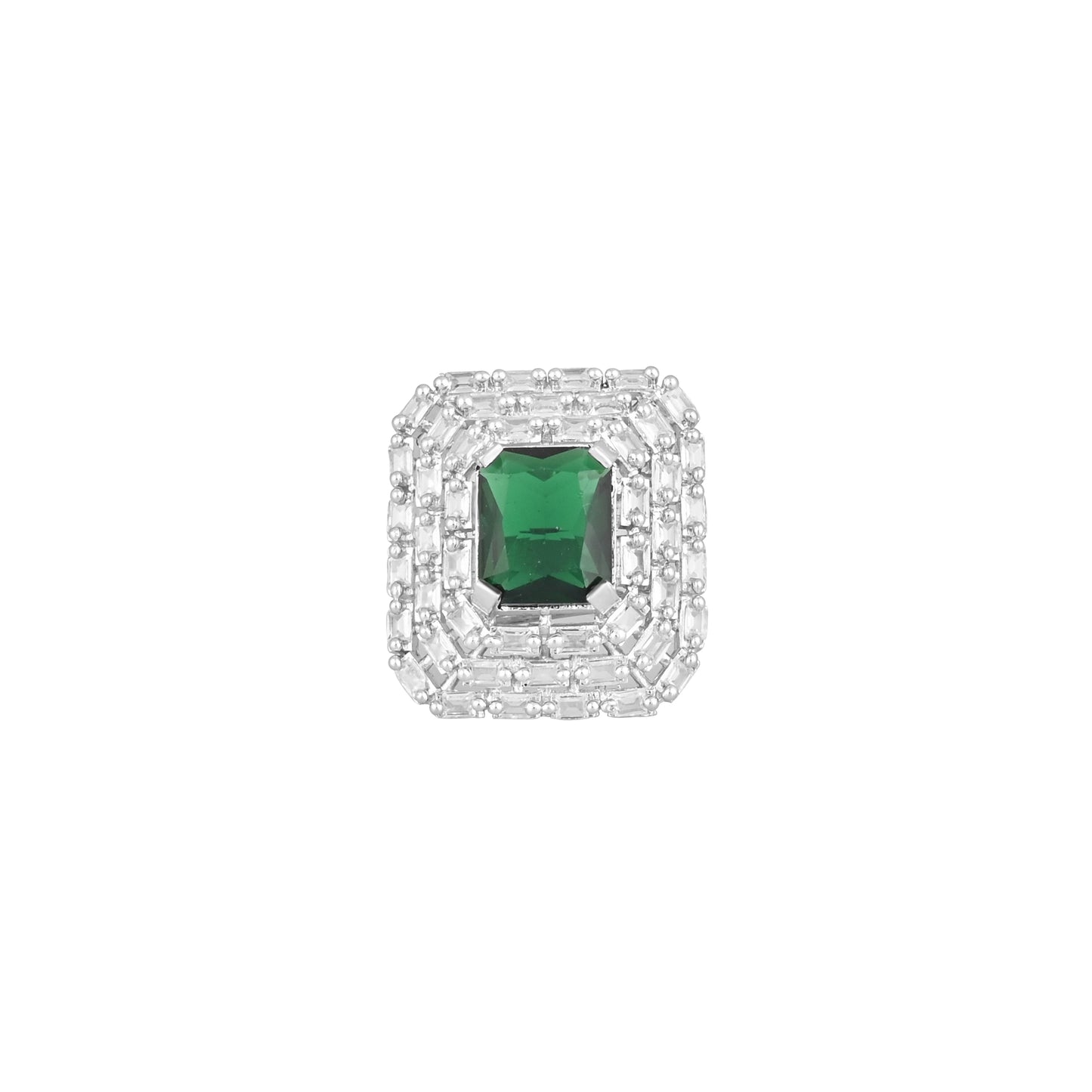 CKLAKART's NOOR Elegant Silver Ring Featuring Emerald Green Rectangular Stone and American Diamonds