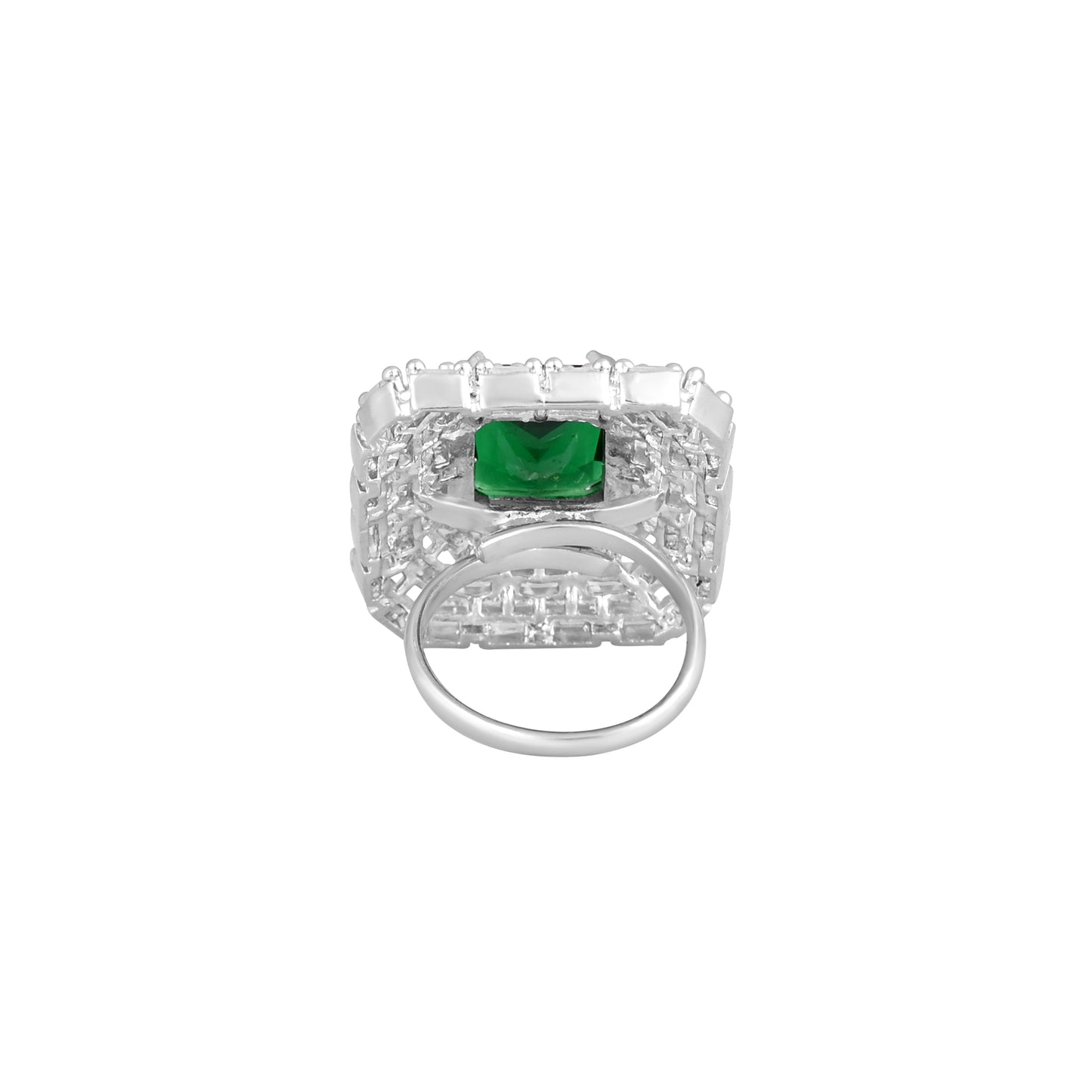 CKLAKART's NOOR Elegant Silver Ring Featuring Emerald Green Rectangular Stone and American Diamonds