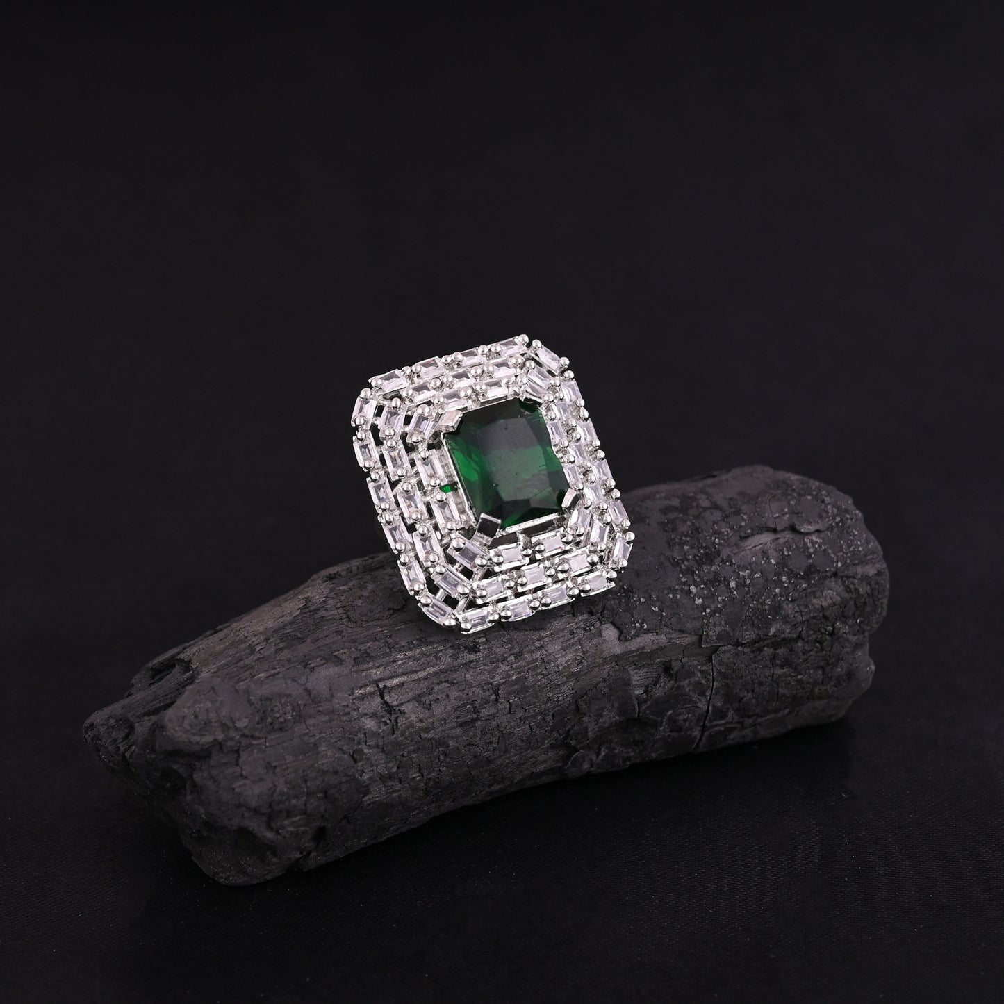 CKLAKART's NOOR Elegant Silver Ring Featuring Emerald Green Rectangular Stone and American Diamonds