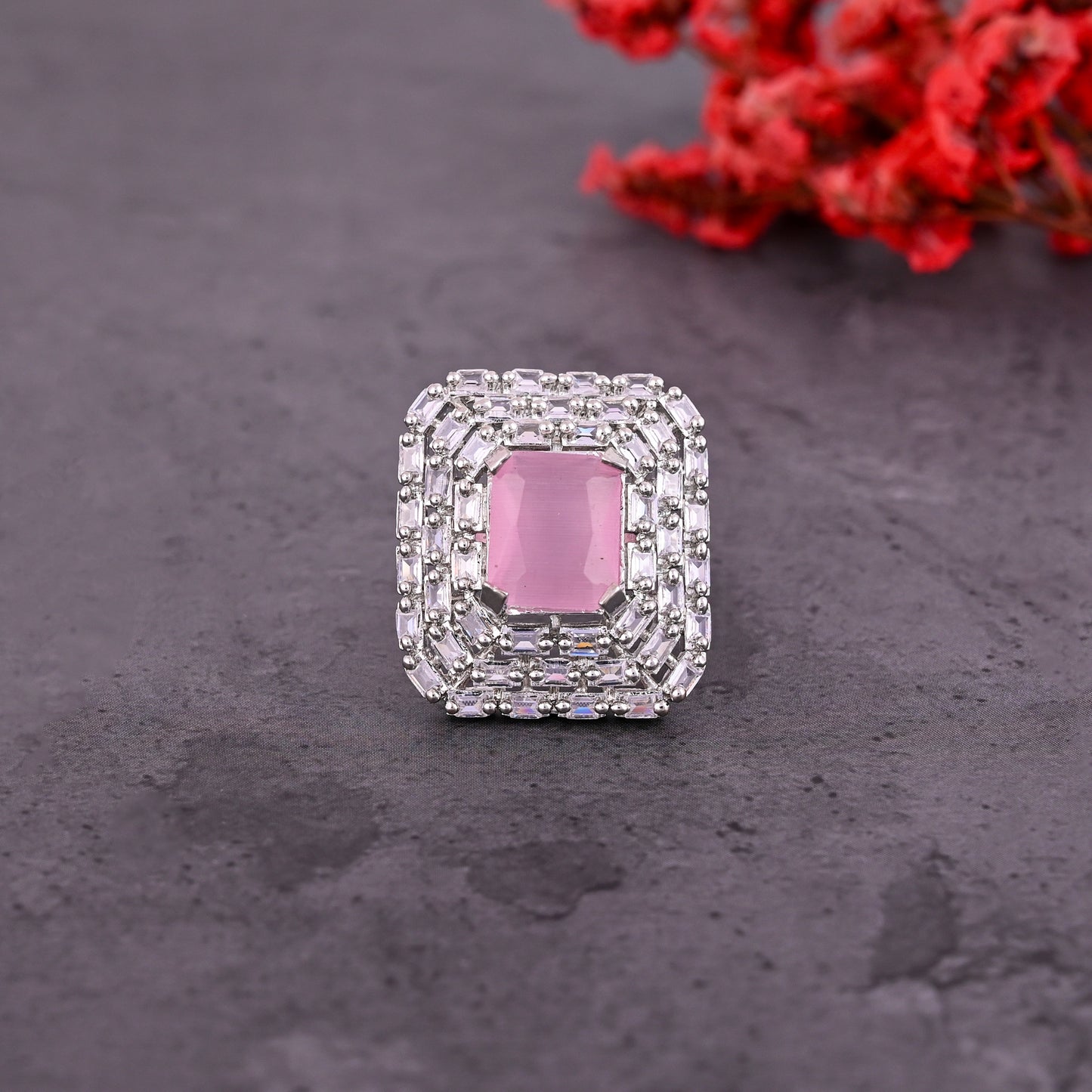 CKLAKART's NOOR Elegant Silver Ring Featuring Pink Rectangular Stone and American Diamonds