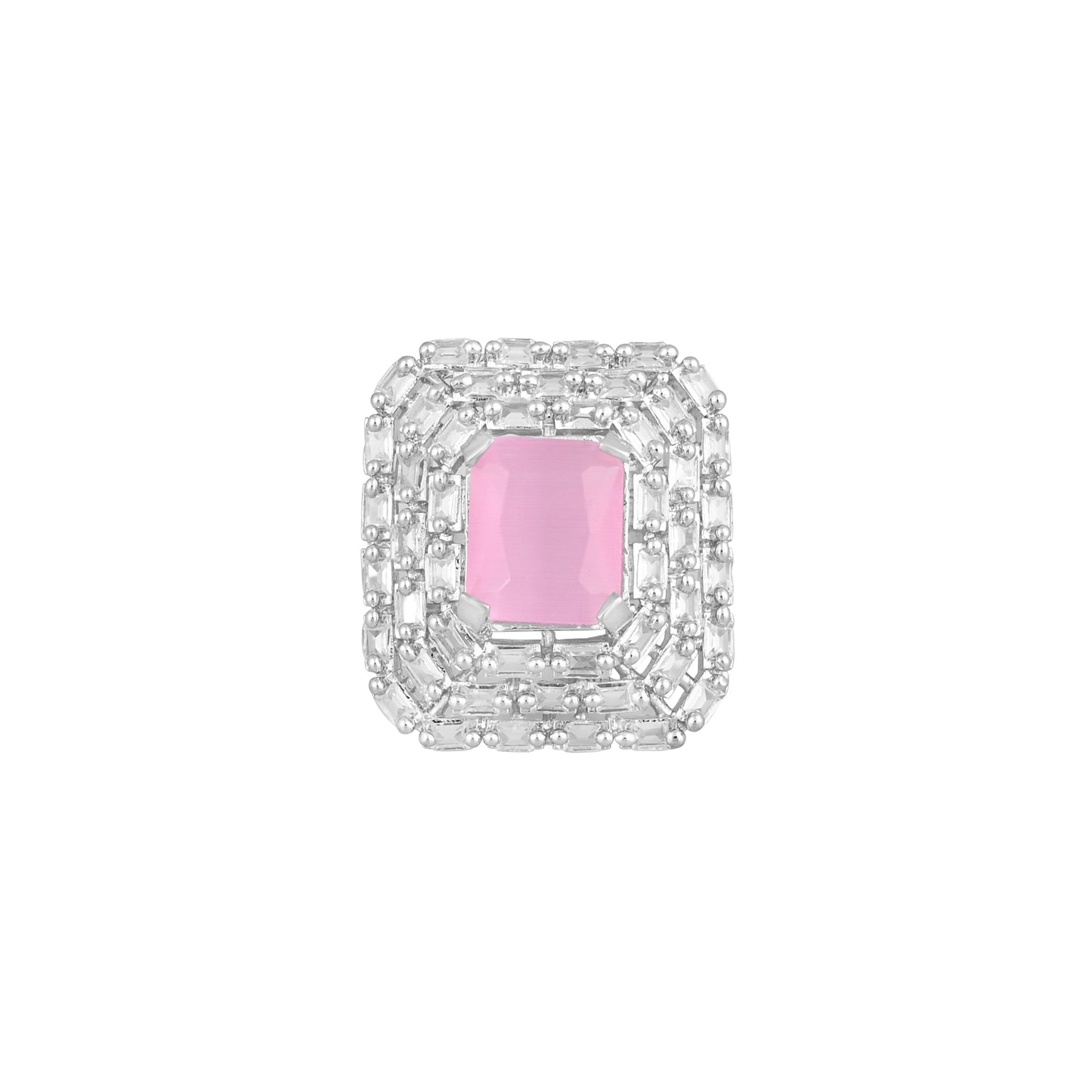 CKLAKART's NOOR Elegant Silver Ring Featuring Pink Rectangular Stone and American Diamonds