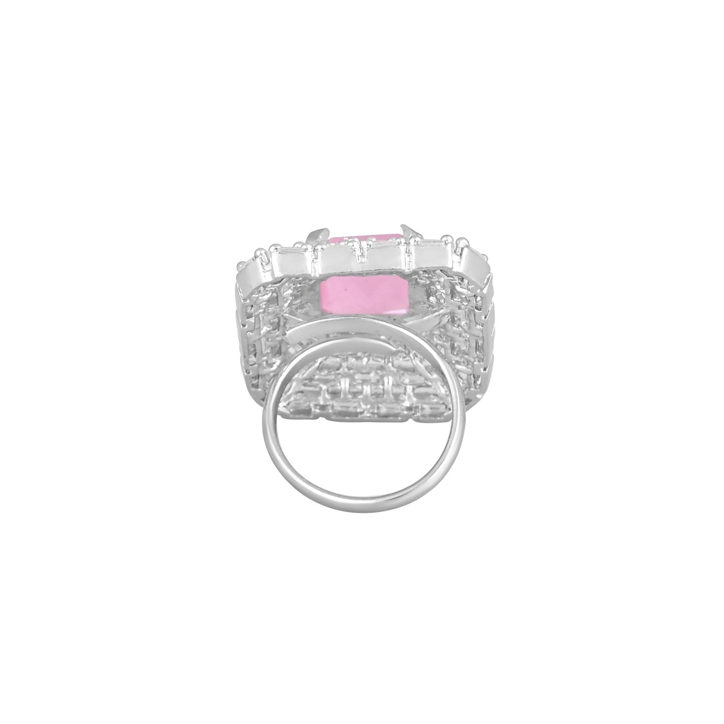 CKLAKART's NOOR Elegant Silver Ring Featuring Pink Rectangular Stone and American Diamonds