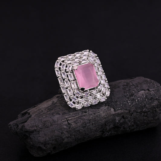 CKLAKART's NOOR Elegant Silver Ring Featuring Pink Rectangular Stone and American Diamonds