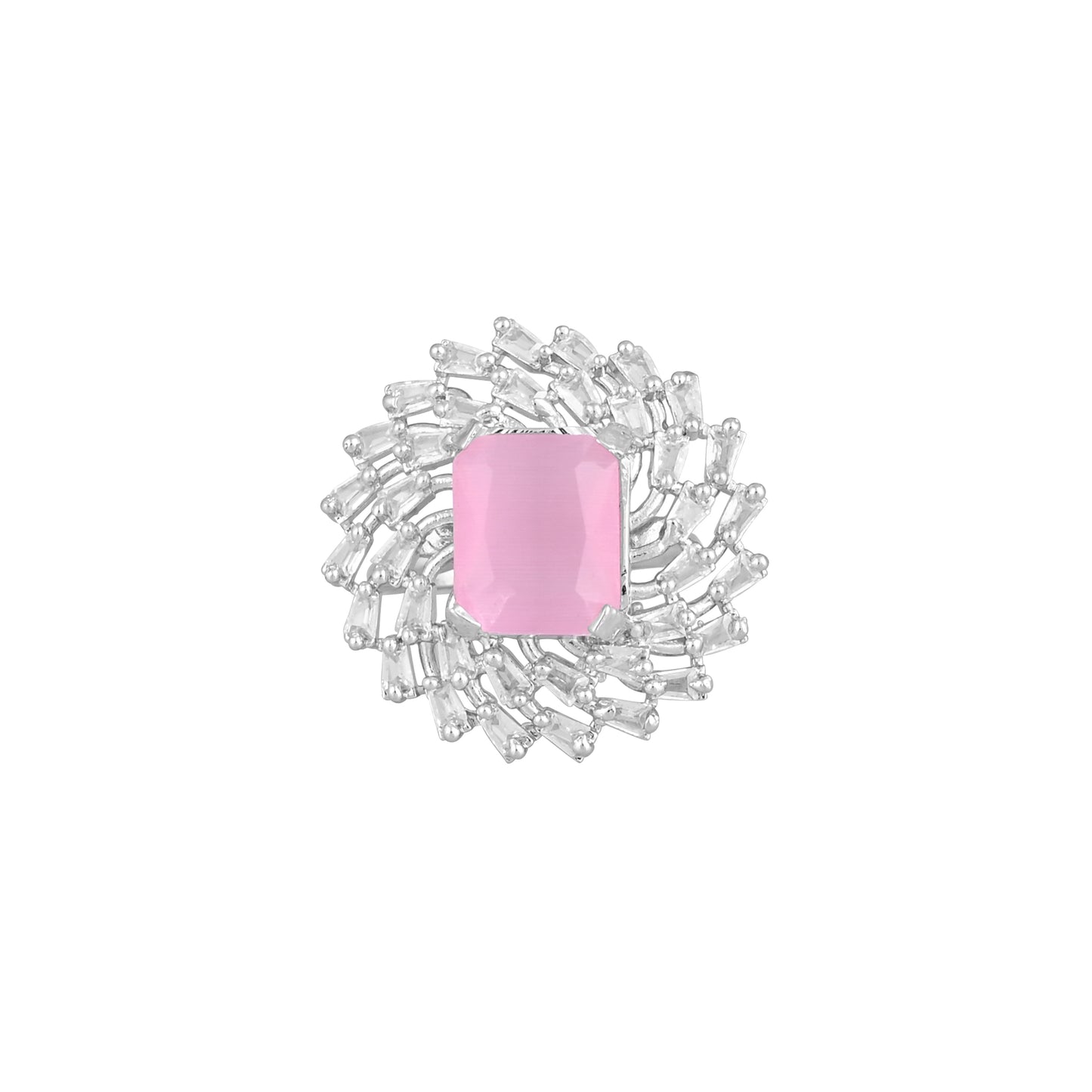 CKLAKART's NOOR Silver-Toned Ring Adorned with Rectangular Pink Color Stone and Blooming Flower Design, Enhanced with American Diamonds