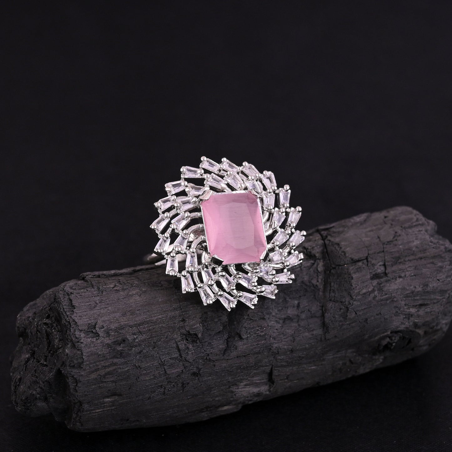 CKLAKART's NOOR Silver-Toned Ring Adorned with Rectangular Pink Color Stone and Blooming Flower Design, Enhanced with American Diamonds