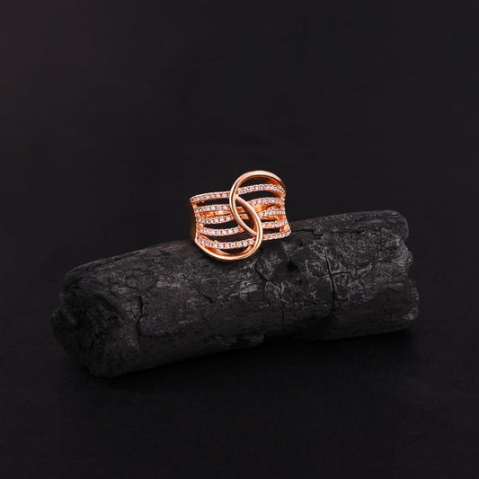 CKLAKART's Rose Gold Tone Wavy Statement Ring with American Diamond