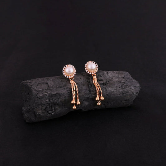 CKLAKART's Gold Toned Droplet Stud Earrings Embellished with American Diamonds and Pearl