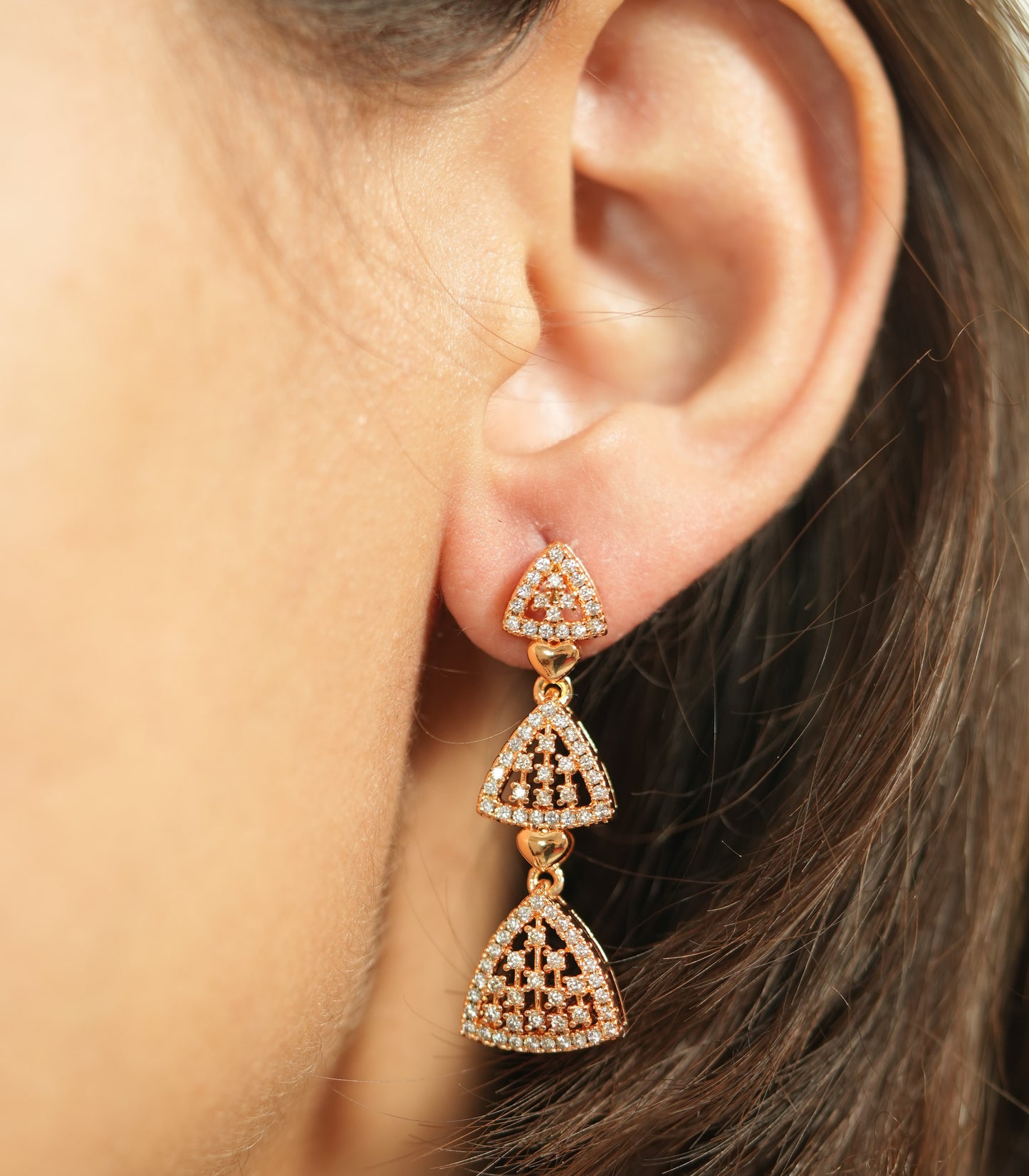 CKLAKART's Rose Gold Dangler Earrings with Sparkling American Diamond Triangles